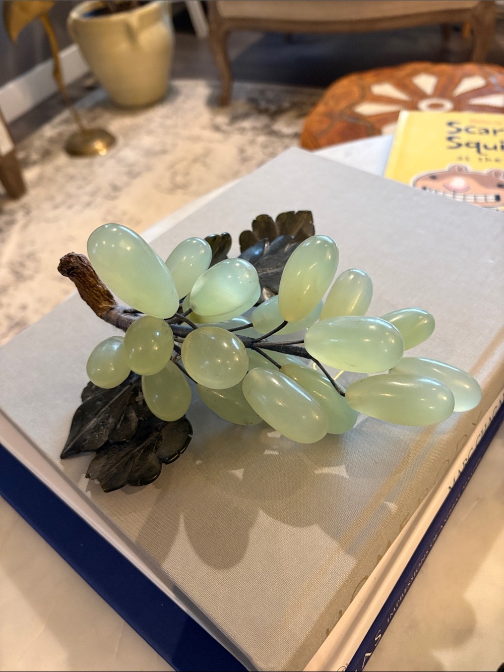 1950s gemstone Grapes 🍇 with jade leaves 🍂 Cluster sculpture